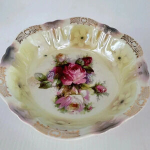 Vintage Hand Painted Bowl 9" Germany Made Roses Floral Scalloped Shaded Edges